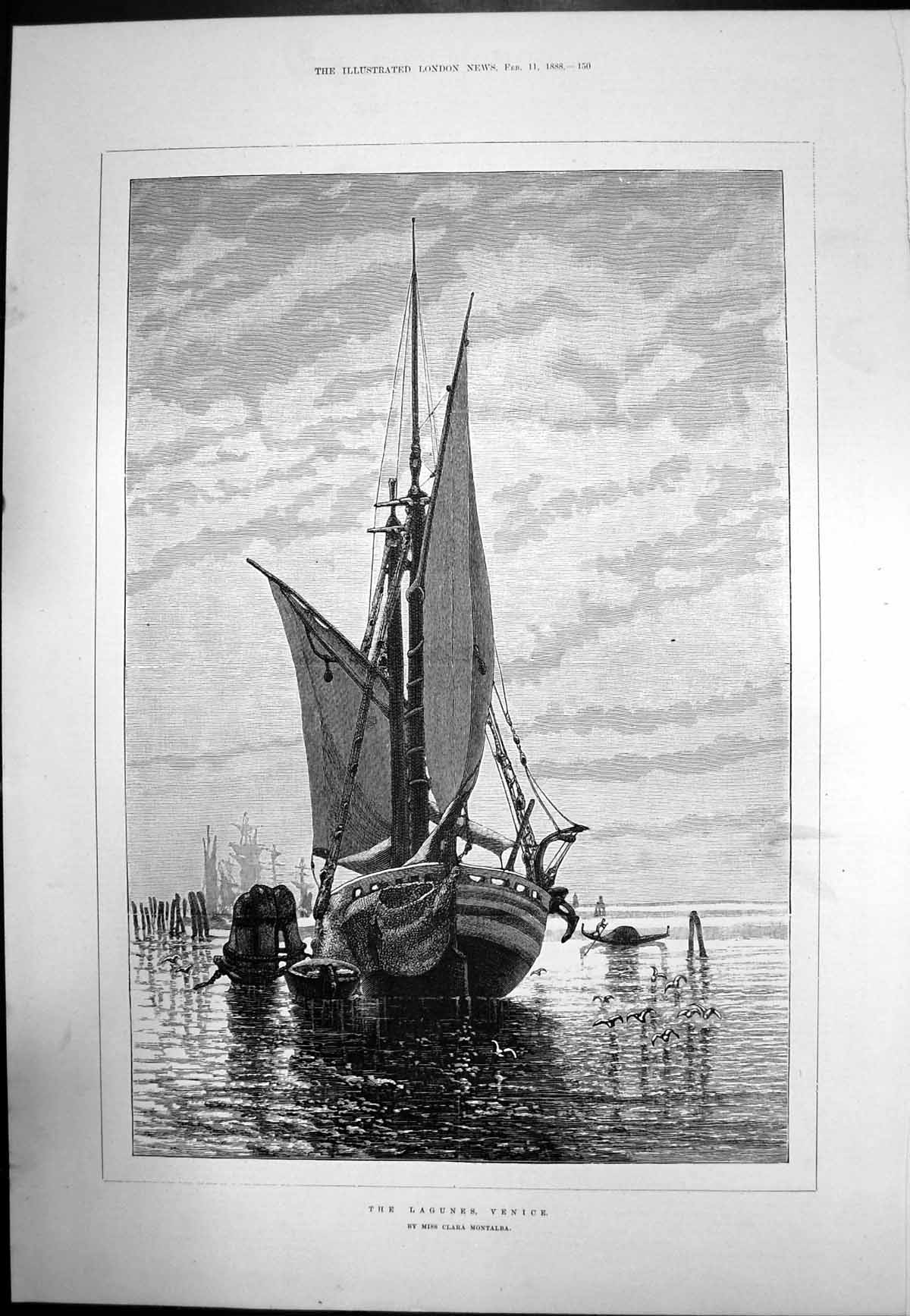 Antique Print Lagunes Venice Miss Clara Montalba Sailing Ship Gondola 1888 19th