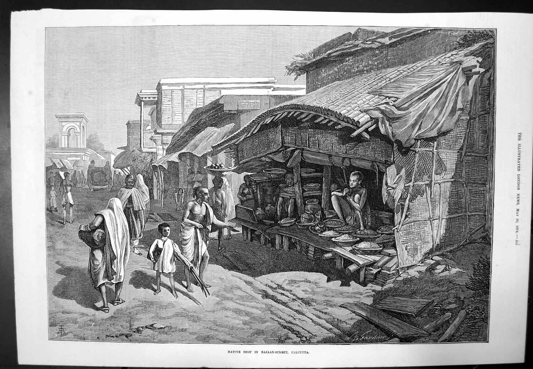 Original Old Antique Print Native Shop Bazaar Street Calcutta Selling Food 1874