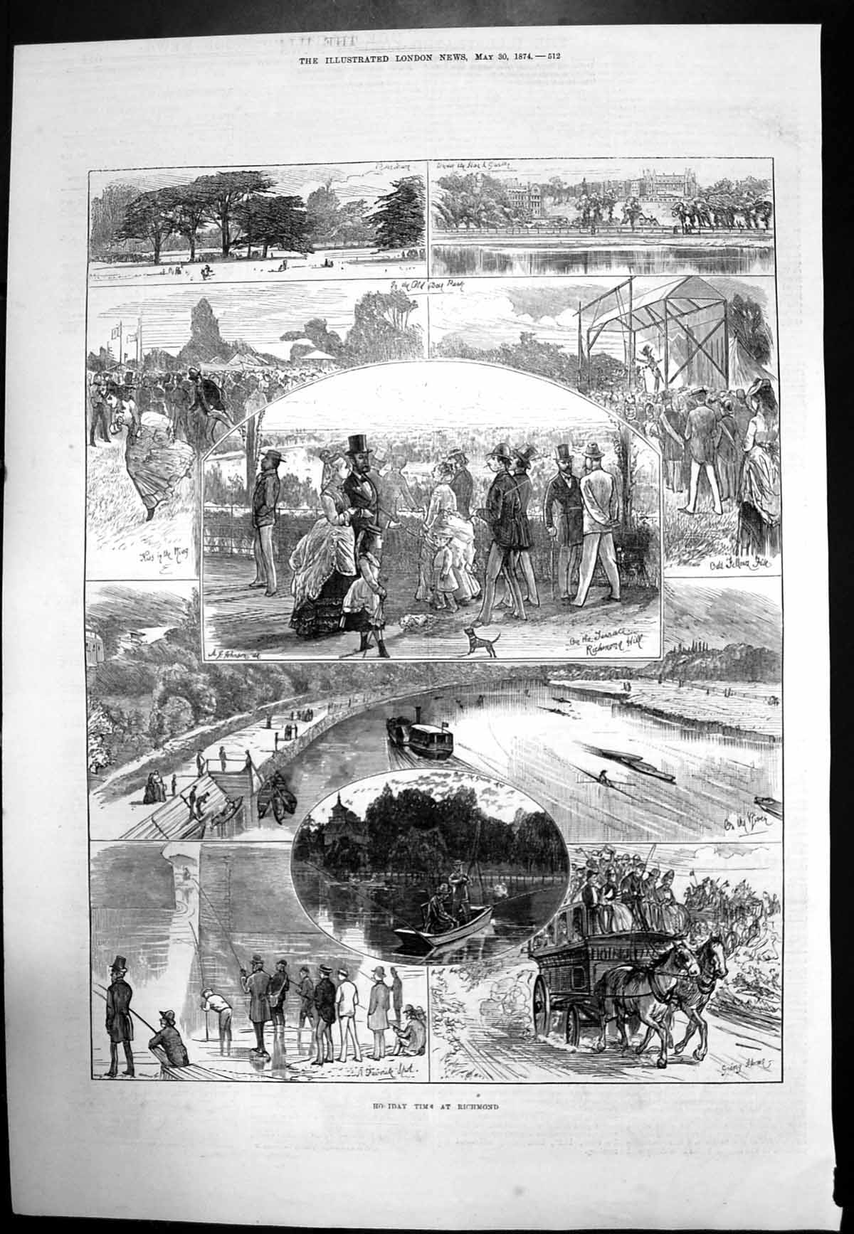 Old Antique Print Holiday Time Richmond Terrace Richmond Hill River 1874 19th