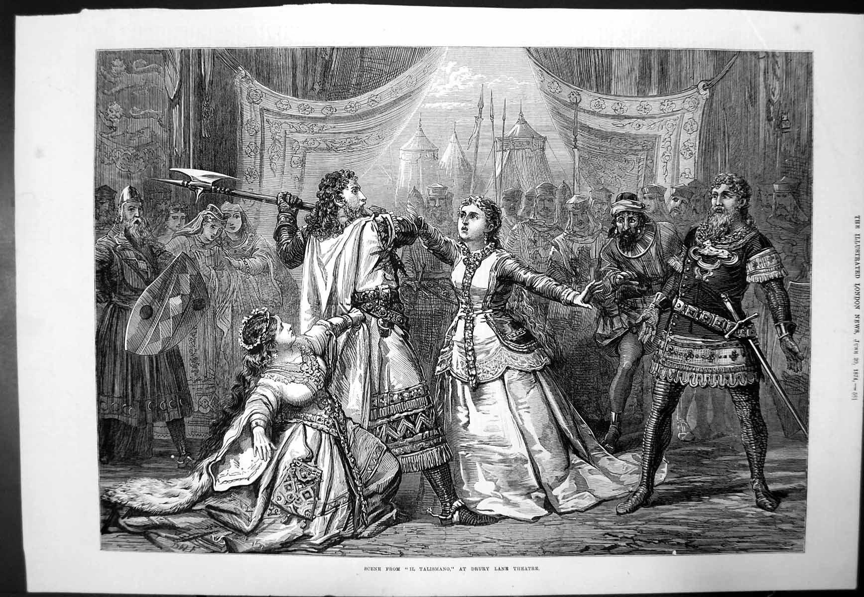 Old Antique Print Scene From Il Talismano Drury Lane Theatre Swords 1874 19th