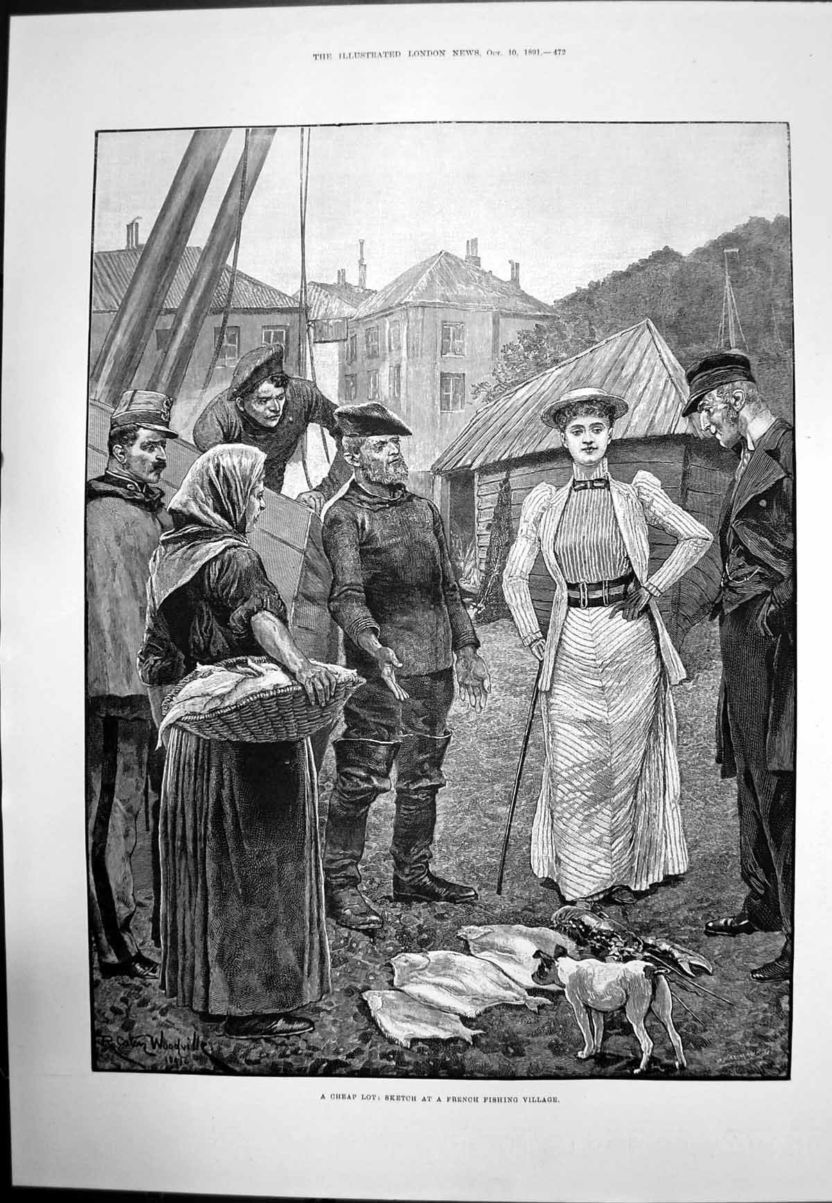 Antique Print Cheap Lot French Fishing Village Fish Lobster Fishermen 1891 19th
