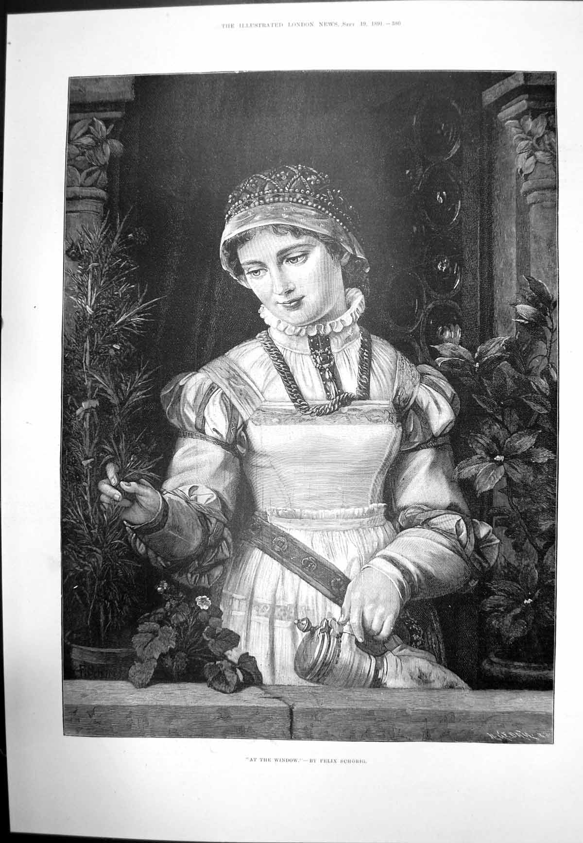 Old Antique Print At The Window Felix Schorig Young Woman Plants Jug 1891 19th