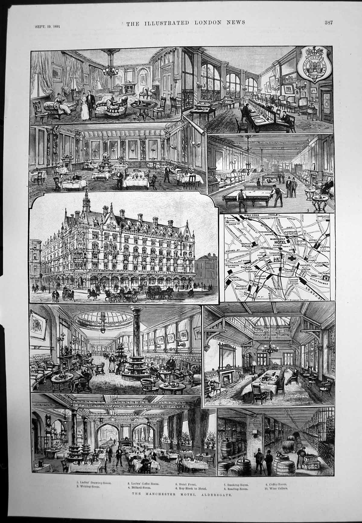 Antique Old Print Manchester Hotel Aldersgate Wine Cellars Drawing Room 1891