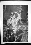 Original Old Antique Print Lady Ballgown Flower In Hair Looking In Mirror 1891