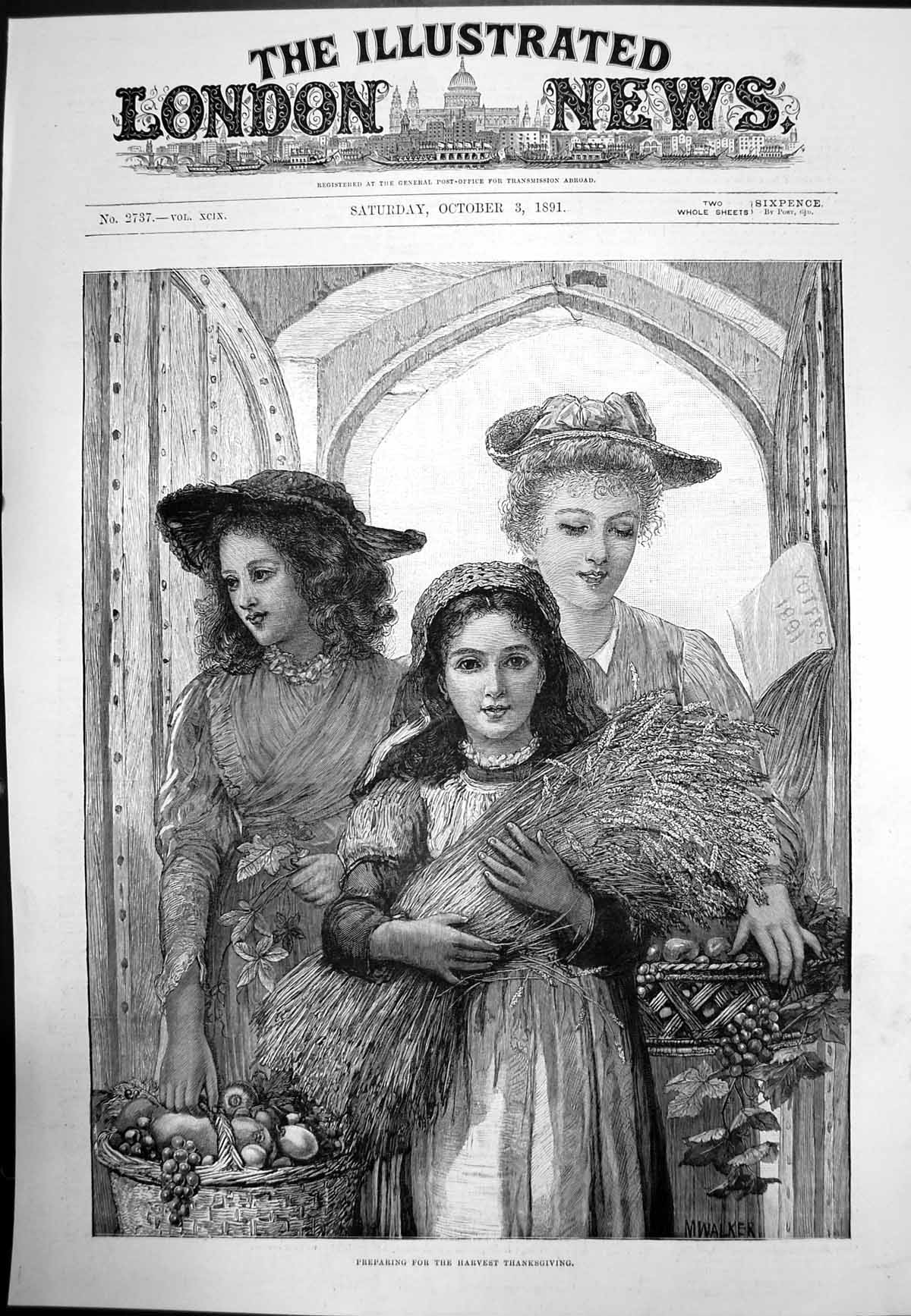 Antique Old Print Preparing For Harvest ThanksgivingWomen Corn Fruit 1891
