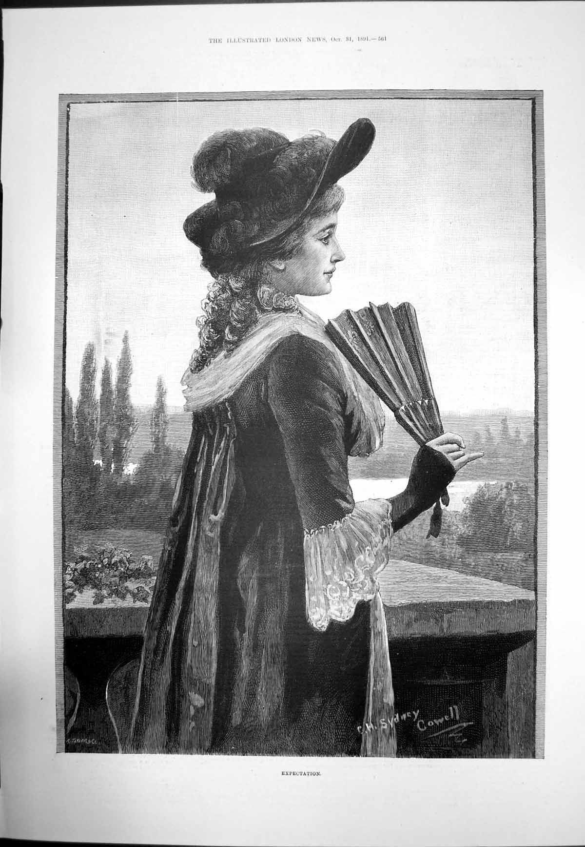 Old Antique Print Expectation Ch Sydney Cowell Lady Hat Fan In Hand 1891 19th