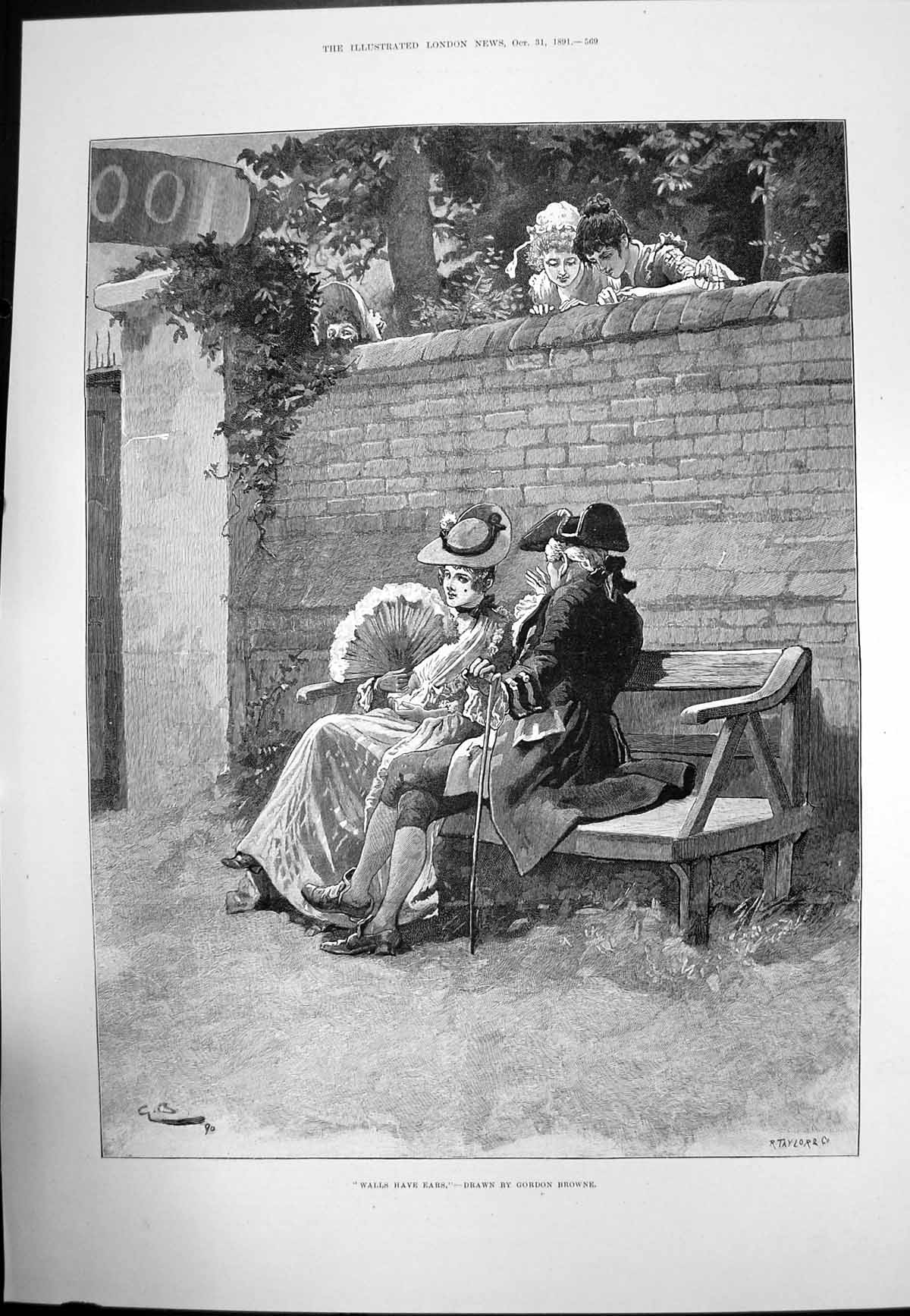 Antique Print Walls Have Ears Gordon BrowneGirls Looking Over Wall 1891