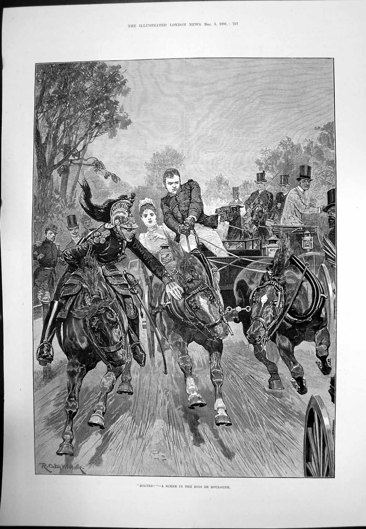Antique Old Print Bolted R Caton Woodville Scene Bois De Boulogne Horses 1891