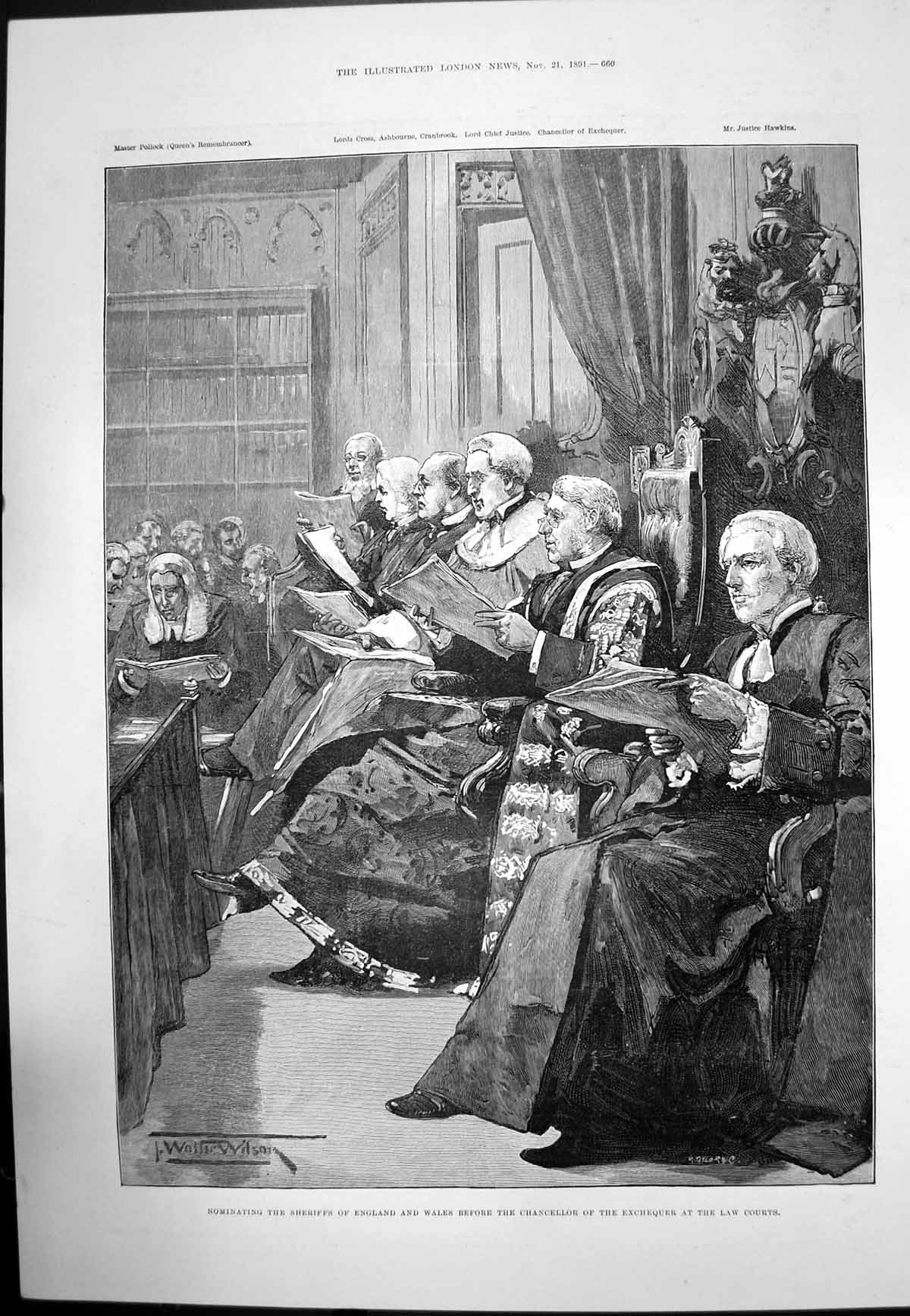 Antique Old Print Law Courts Nominating Sheriffs Chancellor Exchequer 1891 19th