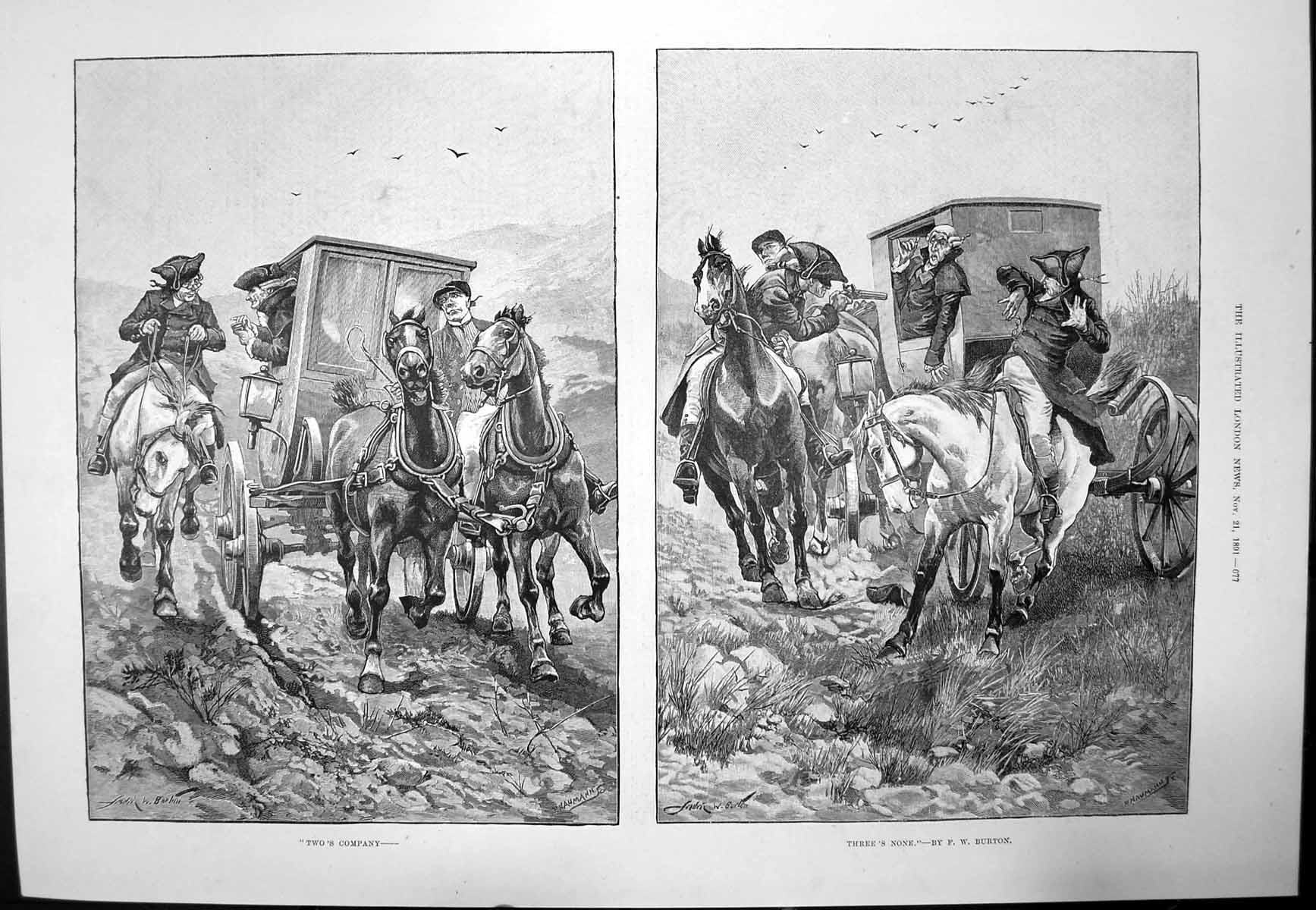 Old Antique Print Twos Company Threes None Fw Burton Horses Riders 1891 19th