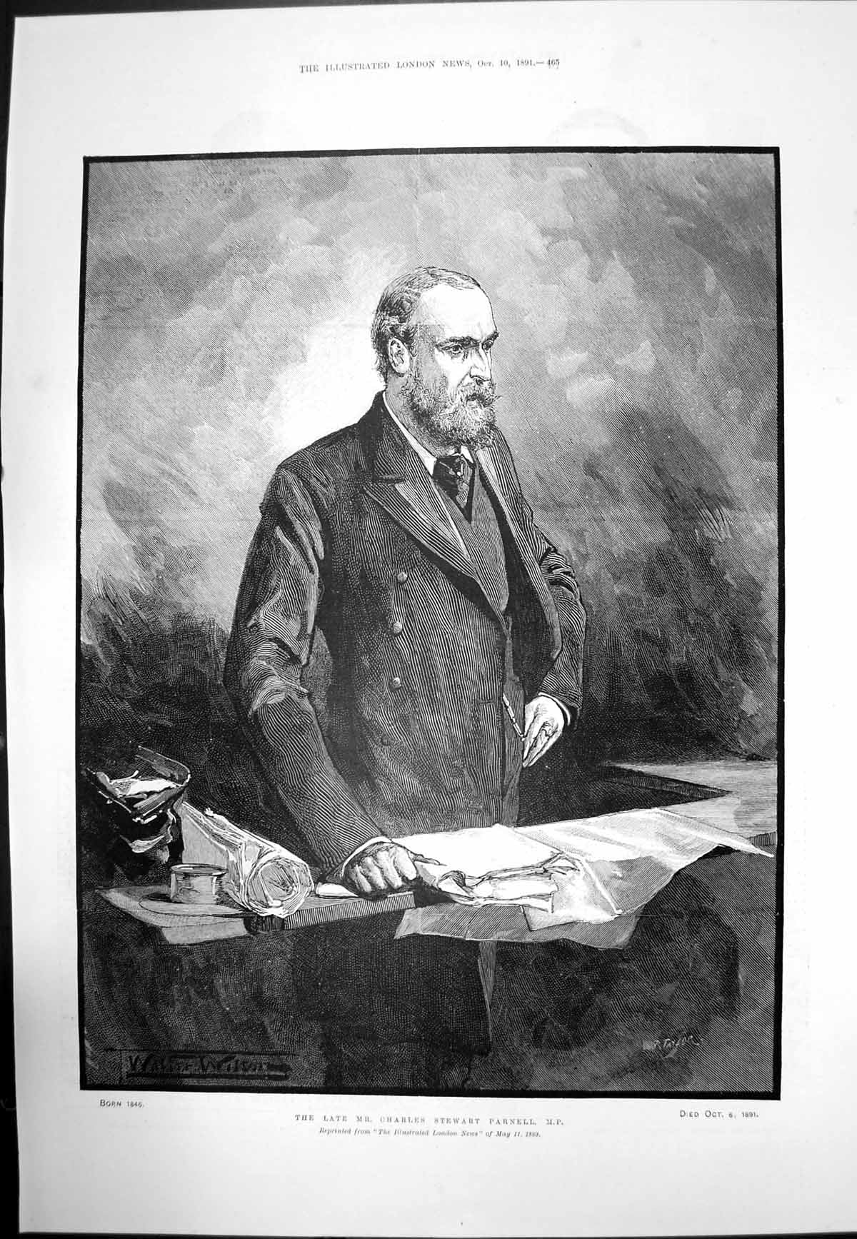 Antique Old Print Late Mr Charles Stewart Parnell Mp Born 1846 Died 1891 1891