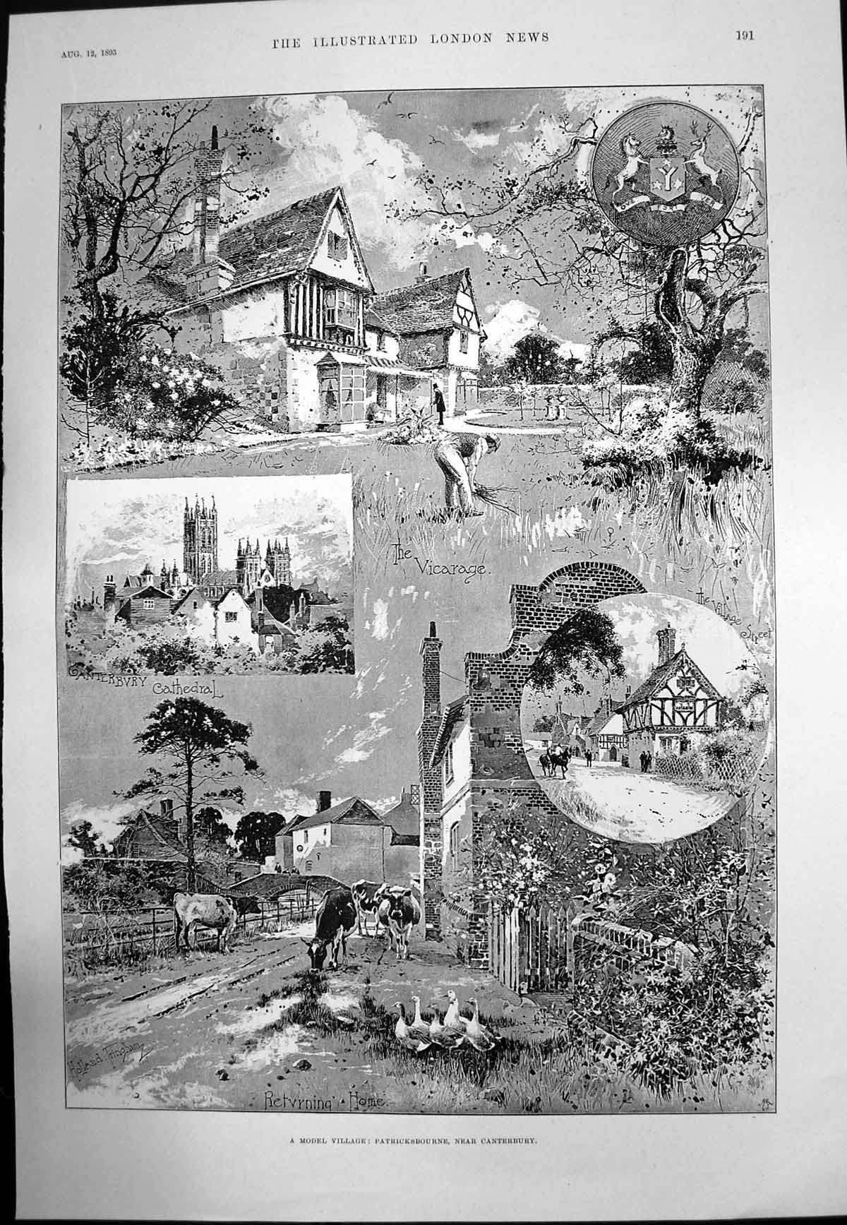 Old Antique Print Model Village Patricksbourne Canterbury Vicarage 1893 19th