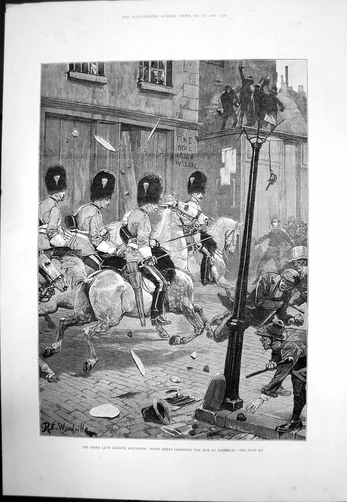 Old Print Irish Land League Agitation Scots Greys Charging Limerick 1881 19th