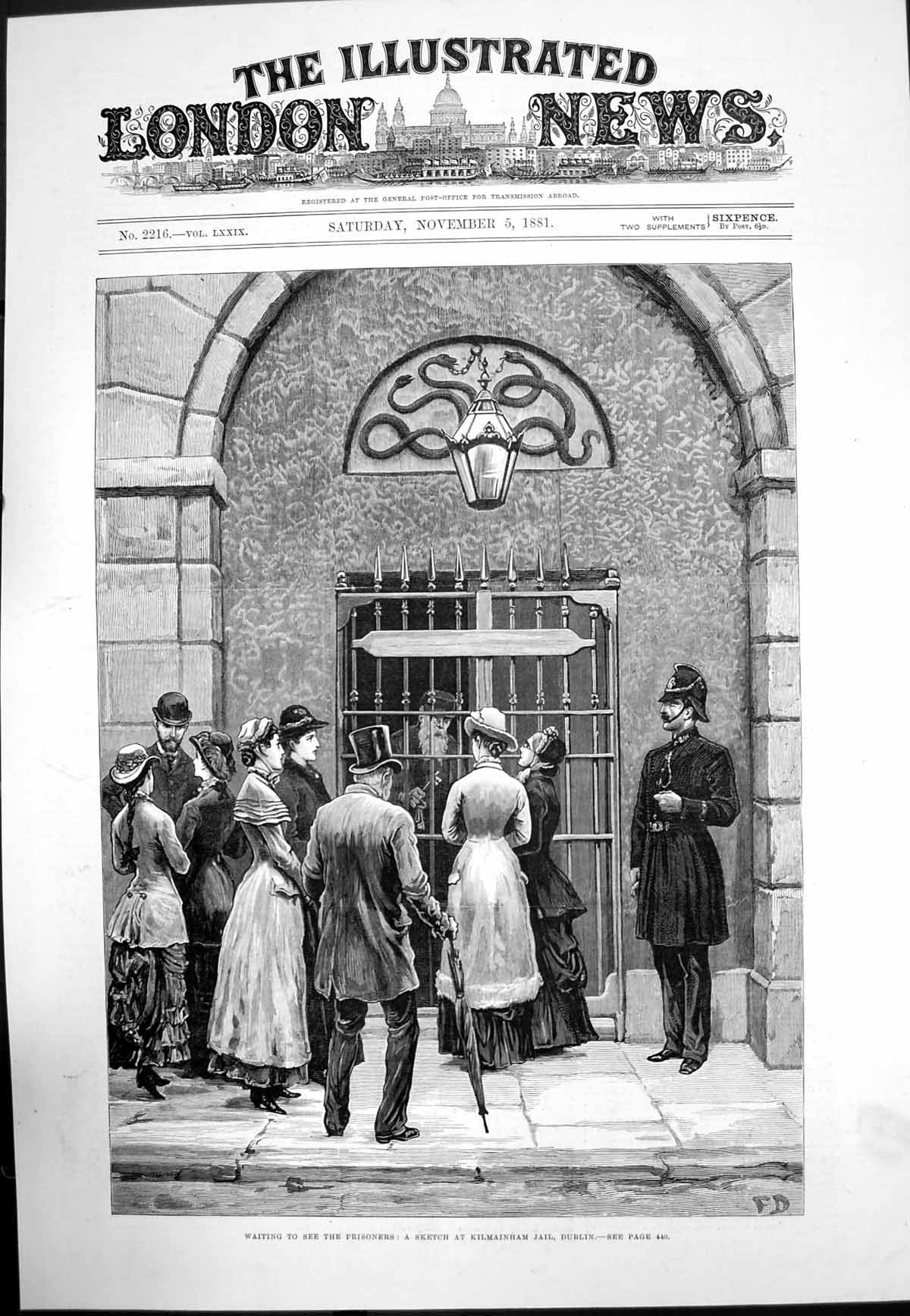 Original Old Antique Print Waiting To See Prisoners Kilmainham Jail Dublin 1881
