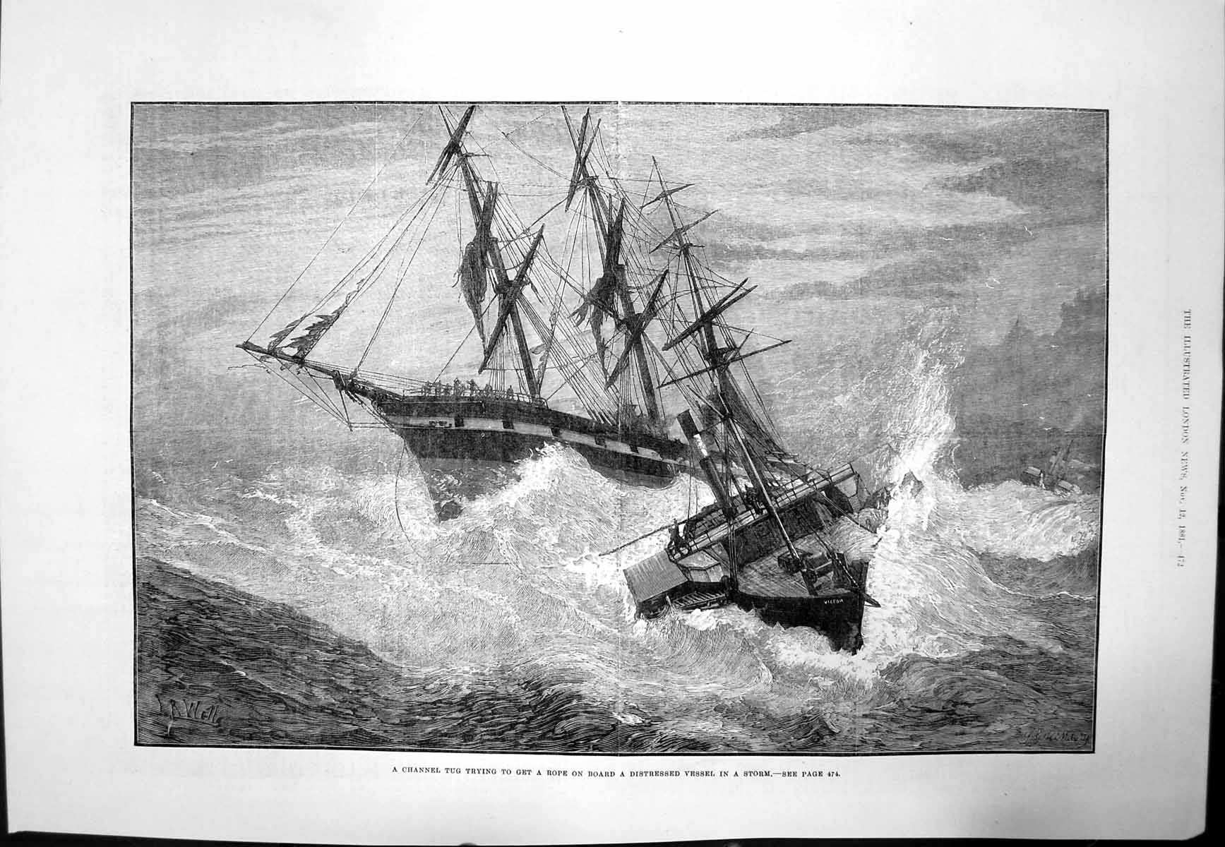 Old Antique Print Channel Tug Rope On Board Distressed Vessel Storm 1881 19th
