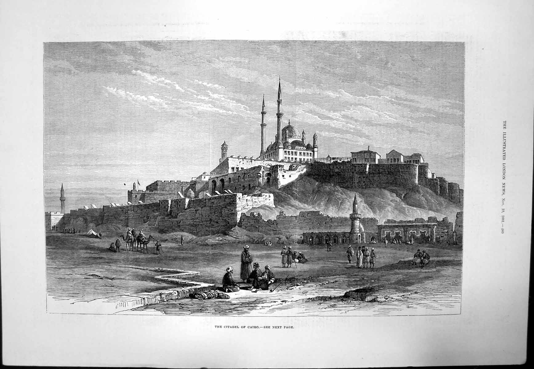 Original Old Antique Print Citadel Cairo Surrounded High Walls 1881 Victorian