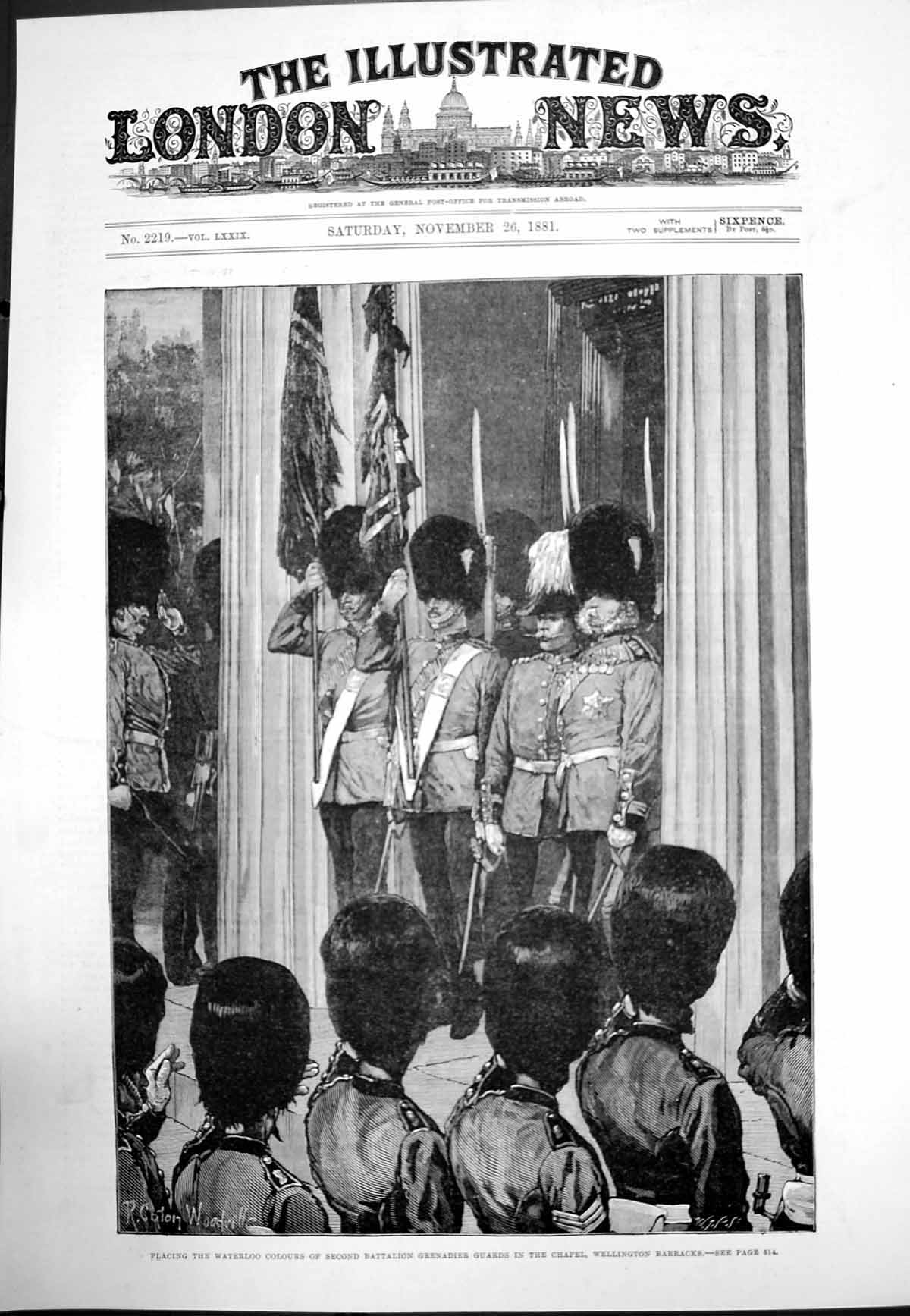 Original Old Antique Print Waterloo Colours 2Nd Batallion Grenadier Guards 1881