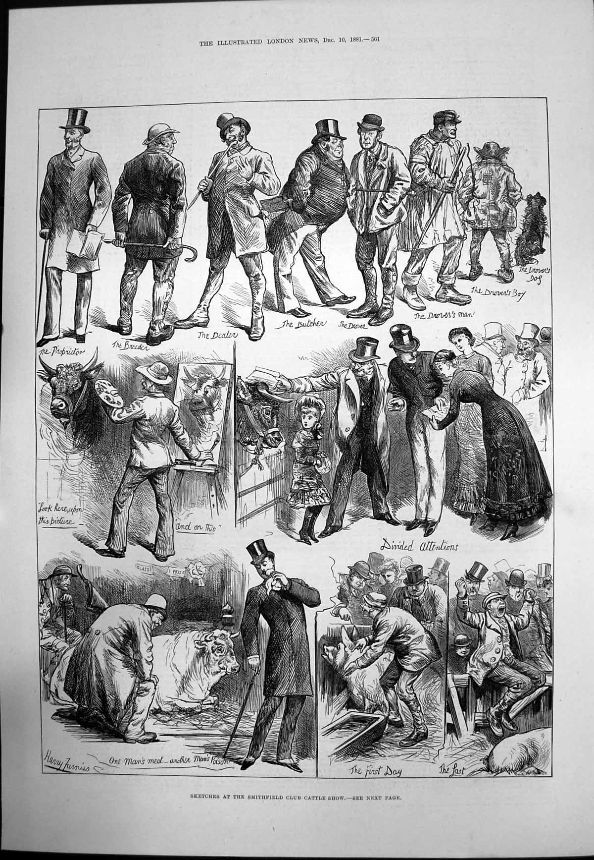Old Antique Print Smithfield Cattle Show Cows Pigs Dealer Droverman 1881 19th