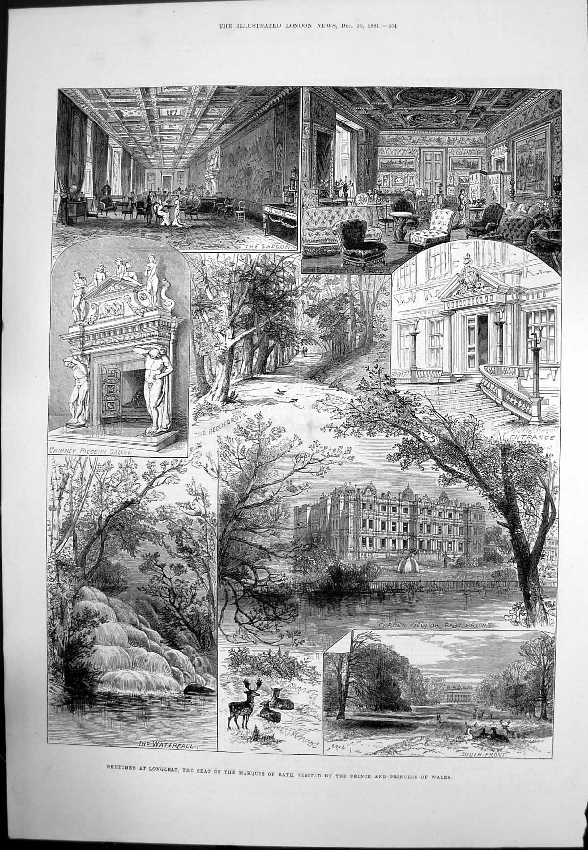 Antique Old Print Longleat Seat Marquis Bath Visit Prince Princess Wales 1881