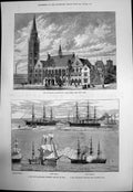 Antique Old Print Townhall Rochdale Lancashire Flying Squadron Bay Yedo 1881