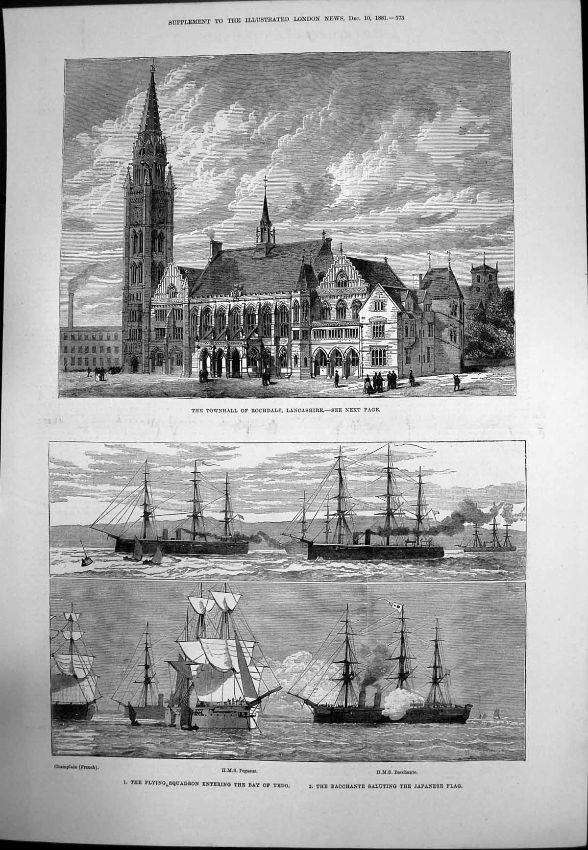 Antique Old Print Townhall Rochdale Lancashire Flying Squadron Bay Yedo 1881