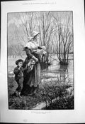 Original Old Antique Print Rising Waters Ae Emslie Woman Children Flooding 1881
