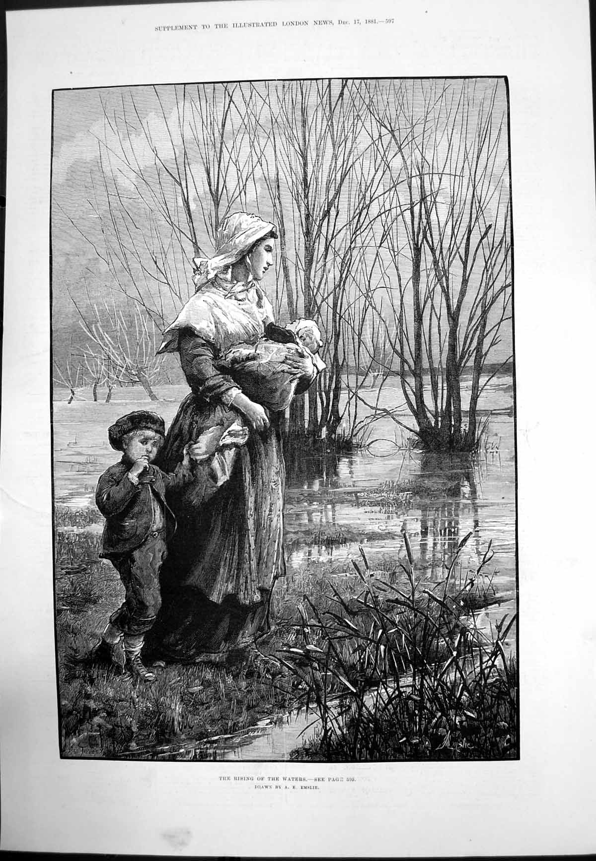 Original Old Antique Print Rising Waters Ae Emslie Woman Children Flooding 1881