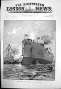 Antique Old Print Launch The Royal Arthur By Queen Portsmouth Dockyard 1891