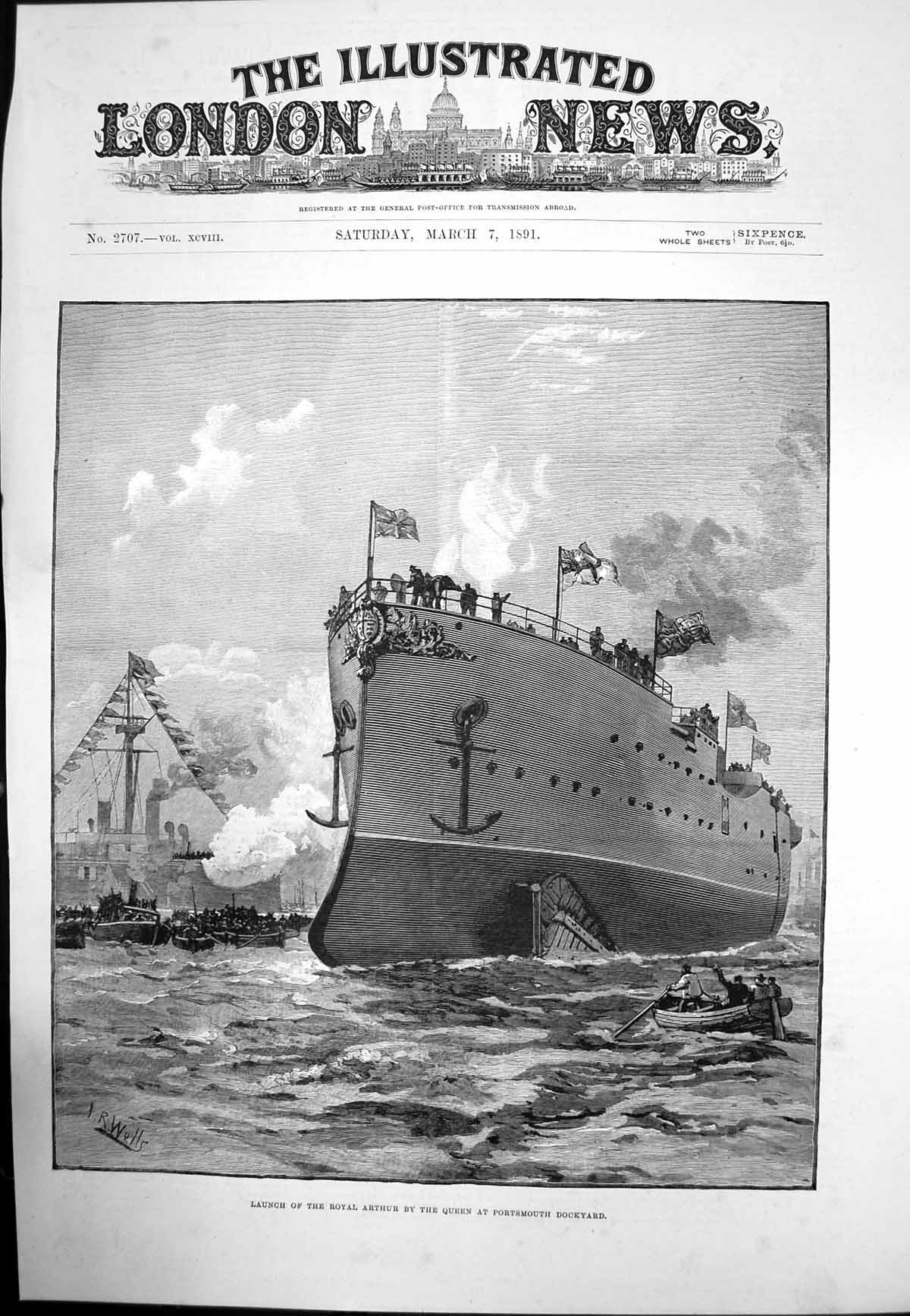 Antique Old Print Launch The Royal Arthur By Queen Portsmouth Dockyard 1891
