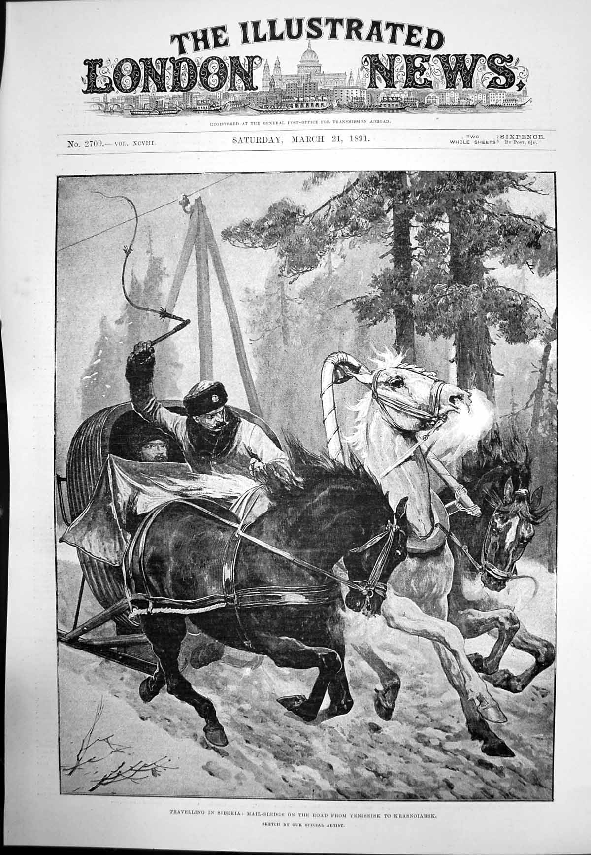 Old Antique Print Siberia Mail Sledge Road Yeniseisk To Krasoiarsk 1891 19th
