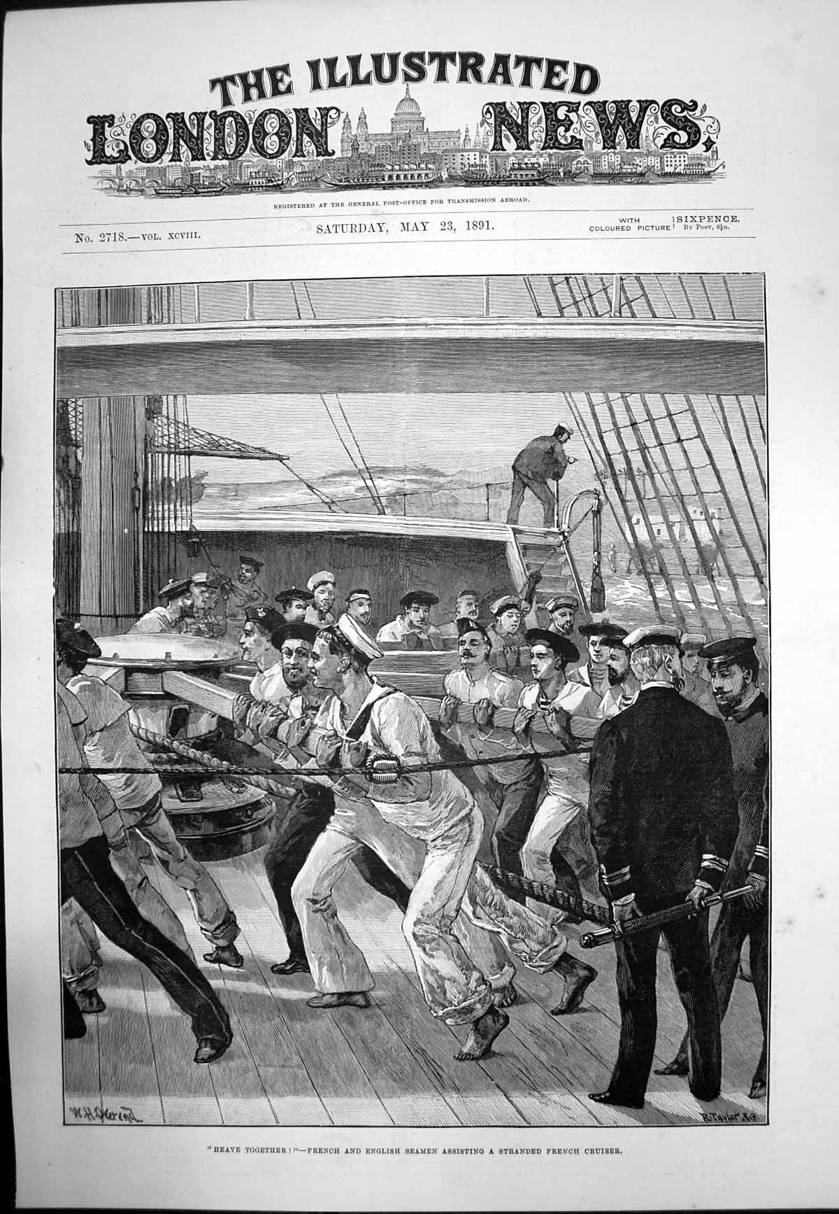 Antique Old Print Heave Together French English Seamen Assisting Cruiser 1891
