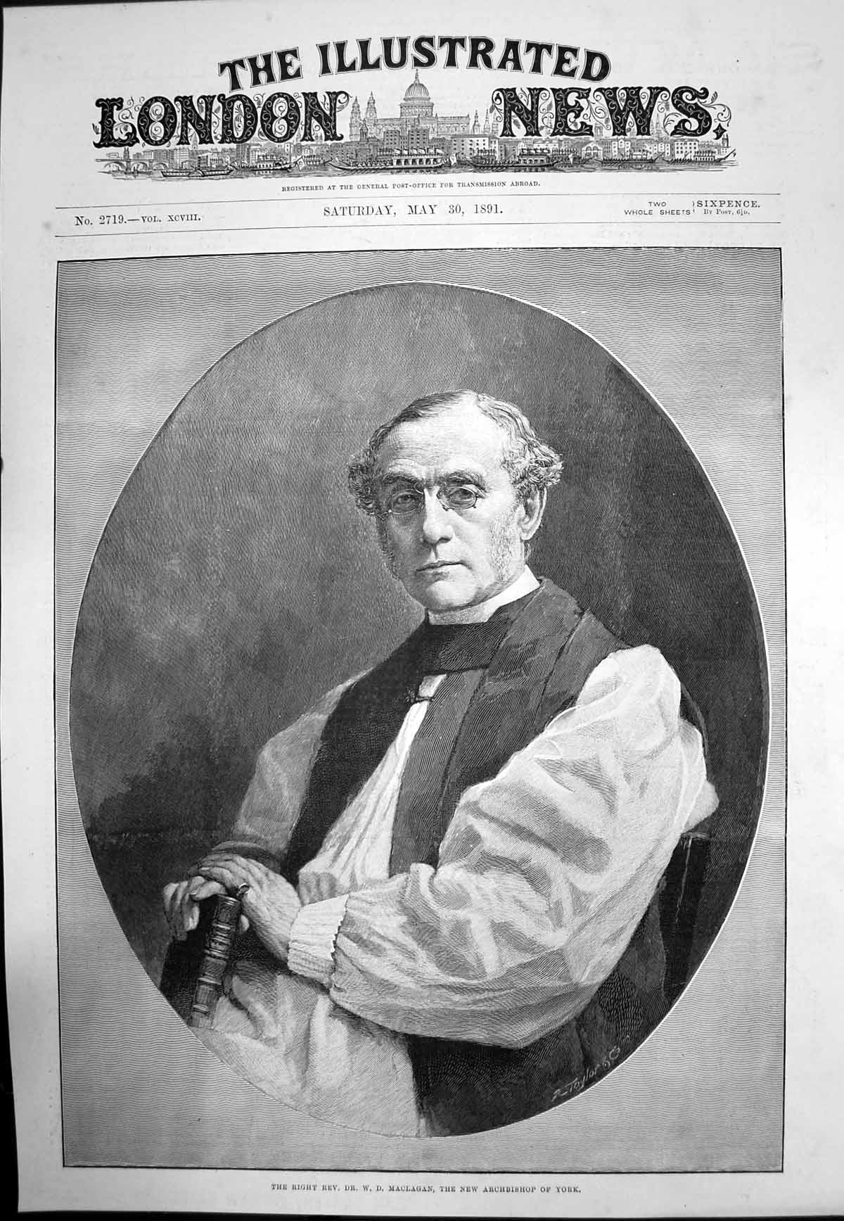 Original Old Antique Print Right Rev Dr W D Maclagan New Archbishop York 1891