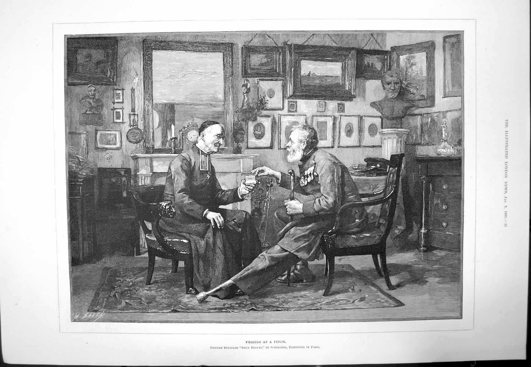 Old Antique Print Friends At A Pinch Deux Braves By Schreiber Paris 1891 19th