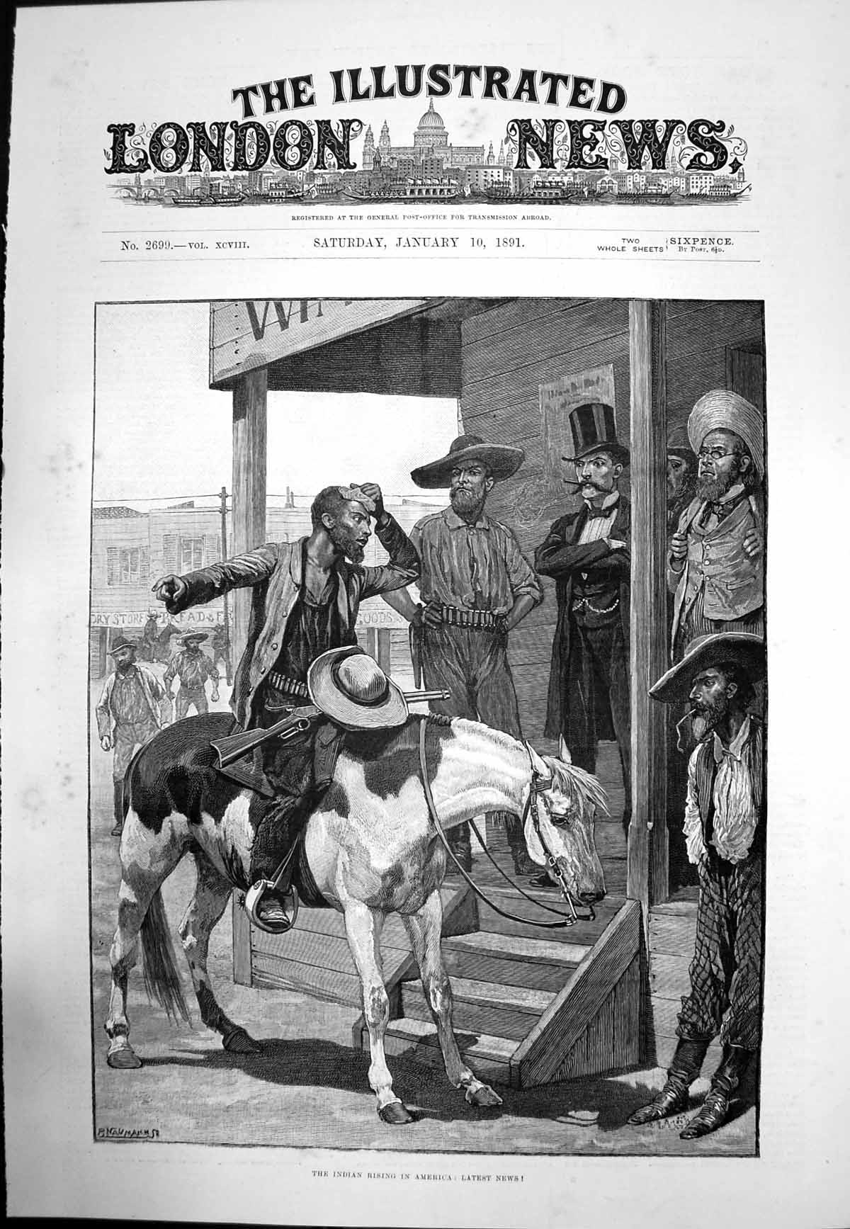 Antique Print Indian Rising America Latest News P Naumann Horse Rider 1891 19th