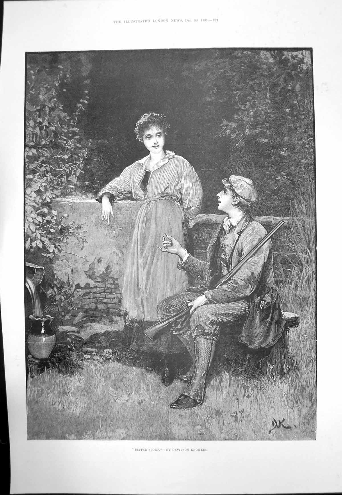 Antique Old Print Better Sport Davidson Knowles Man Rifle Young Woman 1893 19th