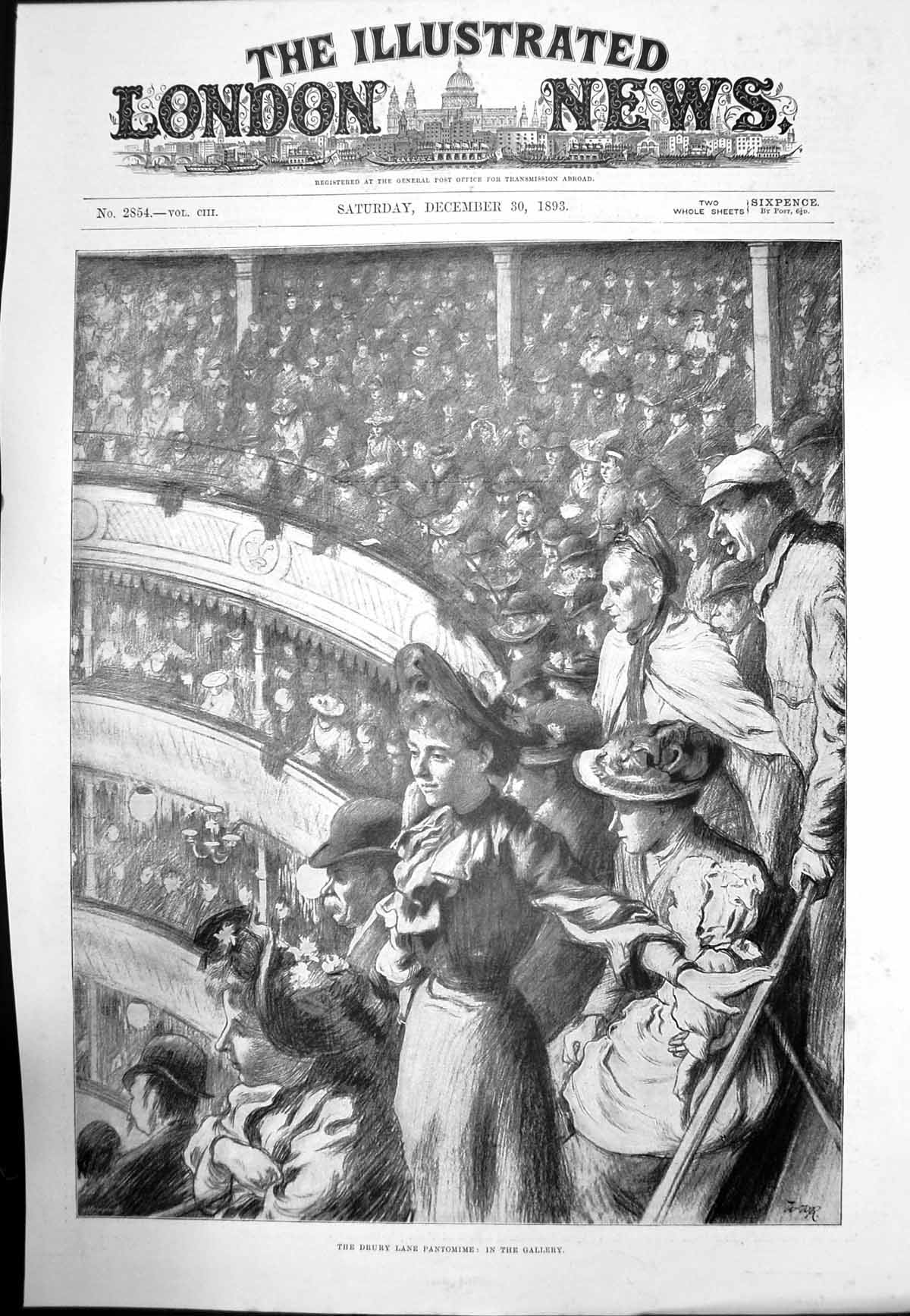 Original Old Antique Print Drury Lane Pantomine In The Gallery Spectators 1893