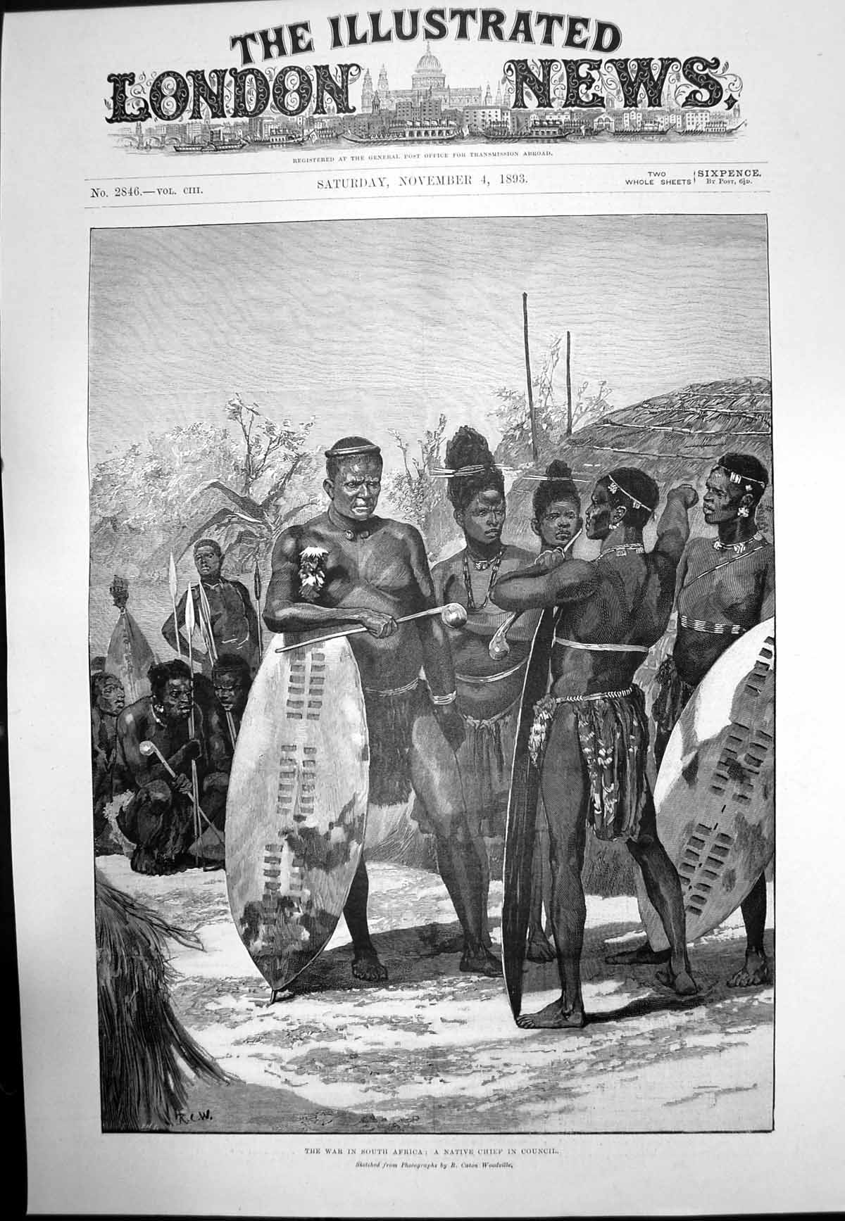 Original Old Antique Print War South Africa Native Chief In Council 1893 19th