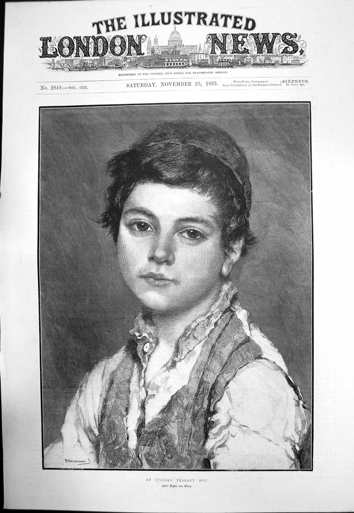 Original Old Antique Print An Italian Peasant Boy After Eugen Von Blaas 1893