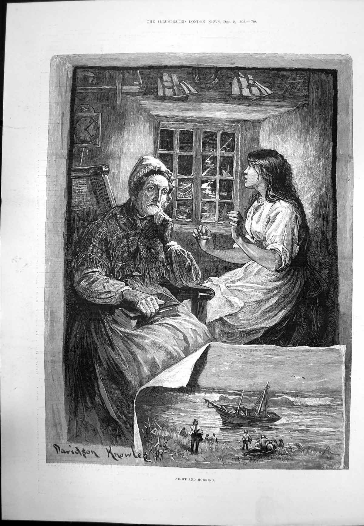 Antique Old Print Night And Morning Davidson KnowlesWomen Watch Storm 1893