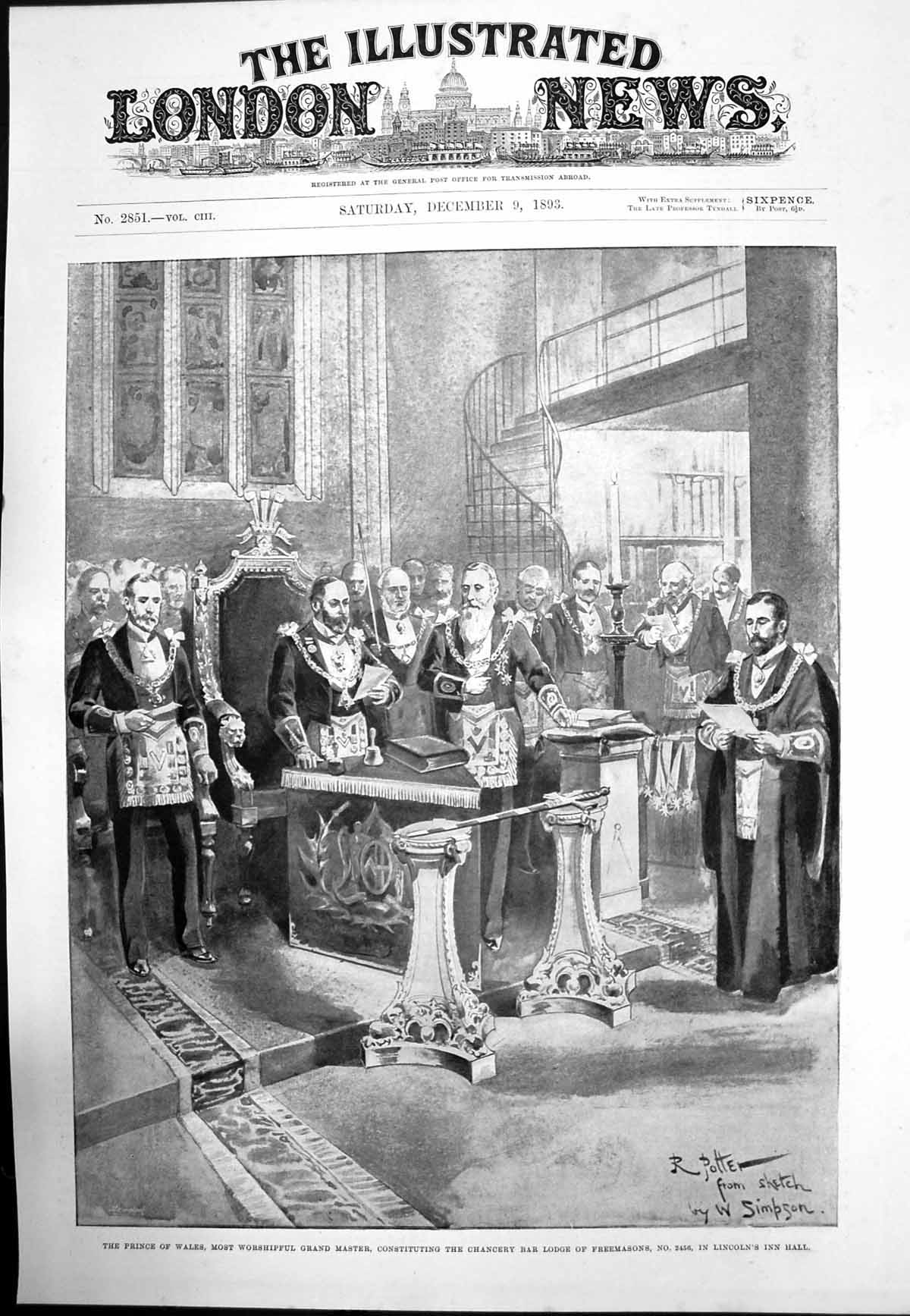 Antique Old Print Prince Wales Grand Master Freemasons Lincolns Inn Hall 1893