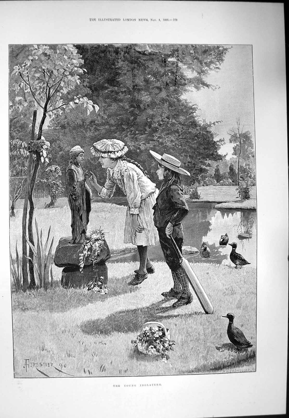 Antique Old Print Young Idolaters A Forestier Children Admiring Statue 1893