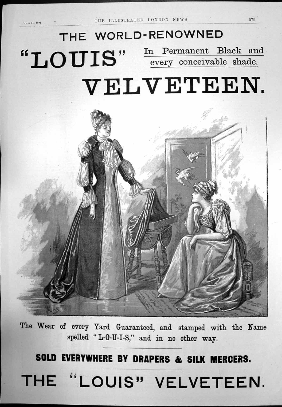 Old Antique Print Louis Velveteen SEverywhere Drapers Silk Merchants 1891 19th
