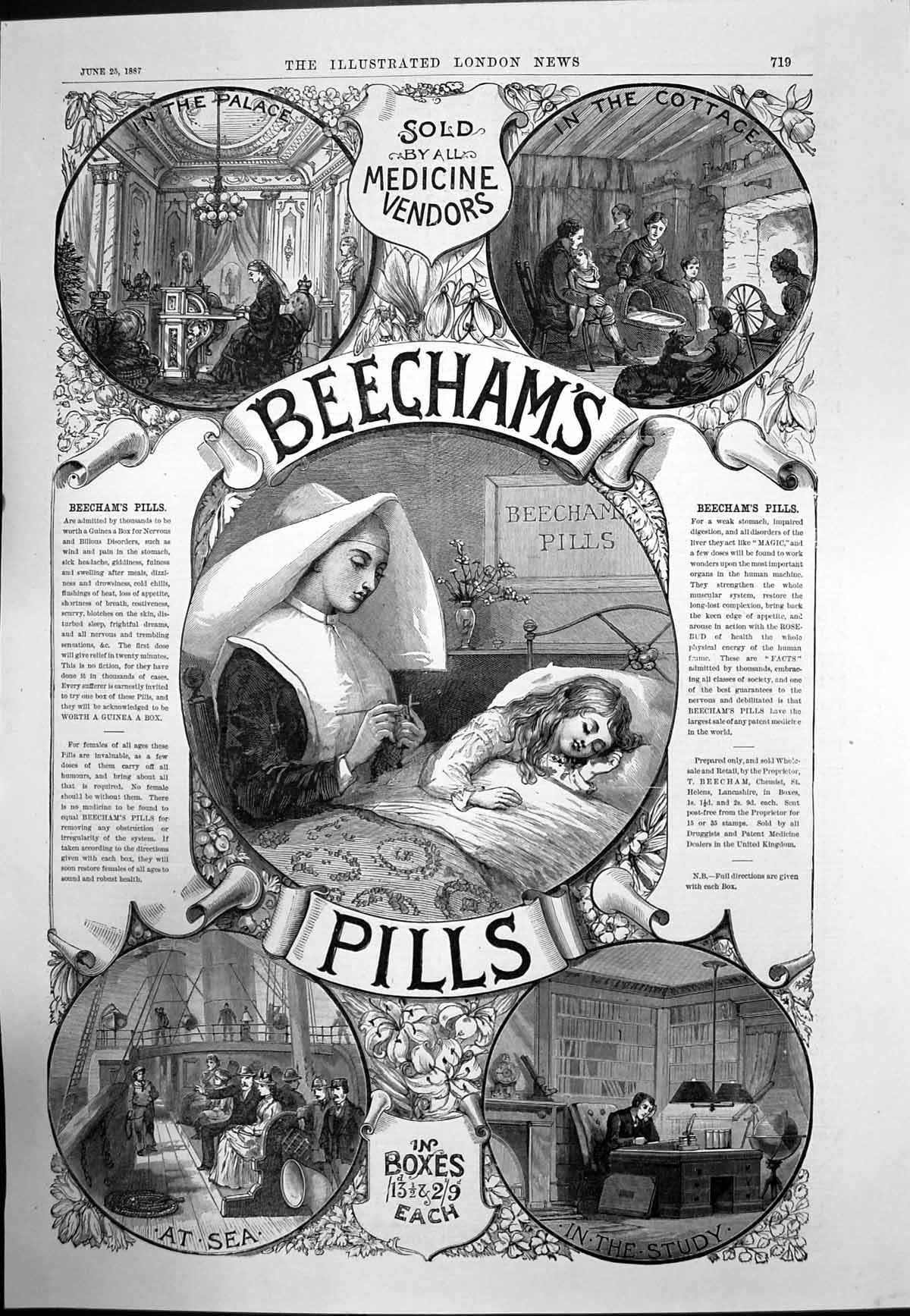 Original Old Antique Print Beechams Pills SBy All Medecine Vendors 1887 19th
