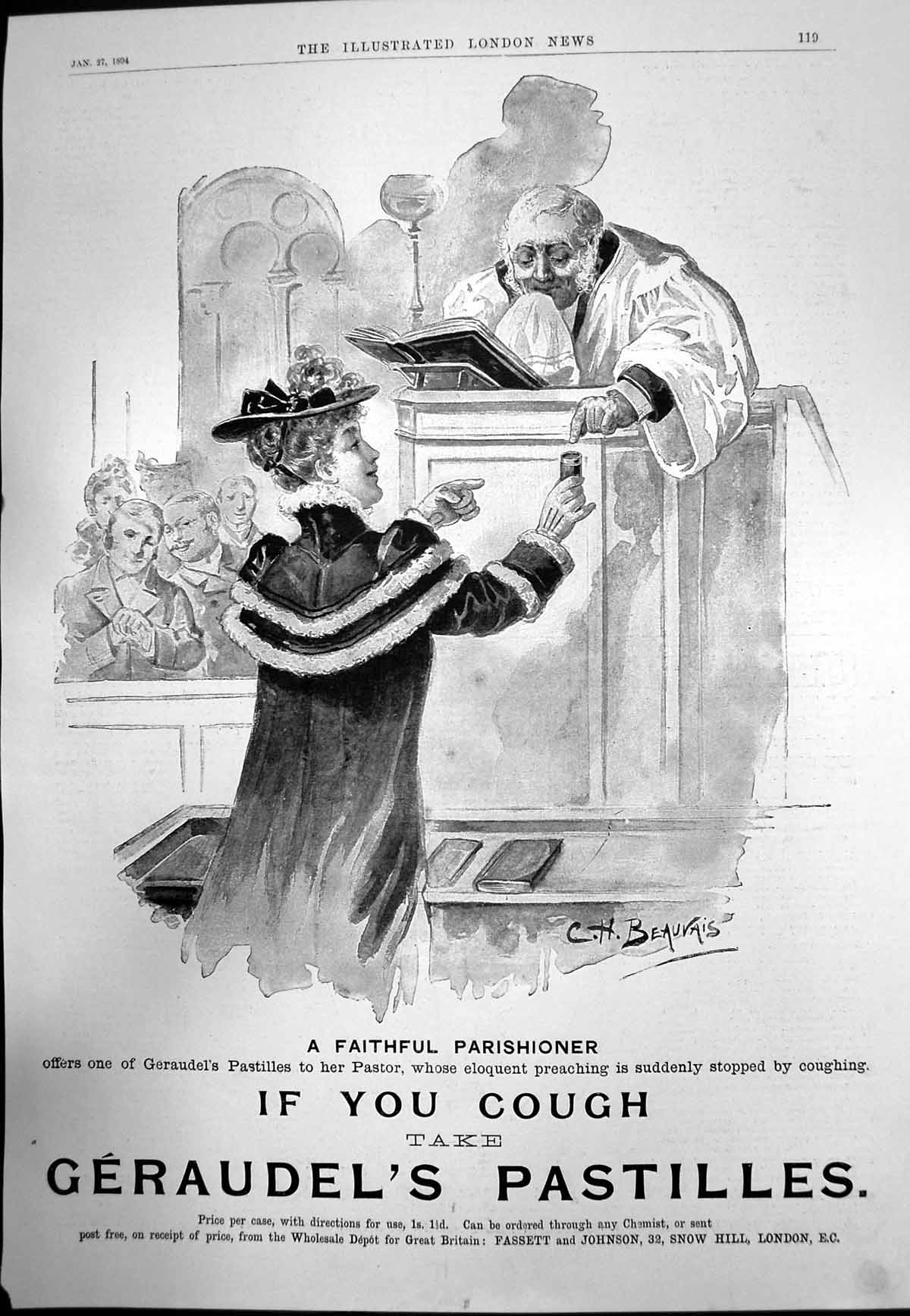 Antique Old Print Geraudels Pastilles If You Cough Faithful Parishioner 1894