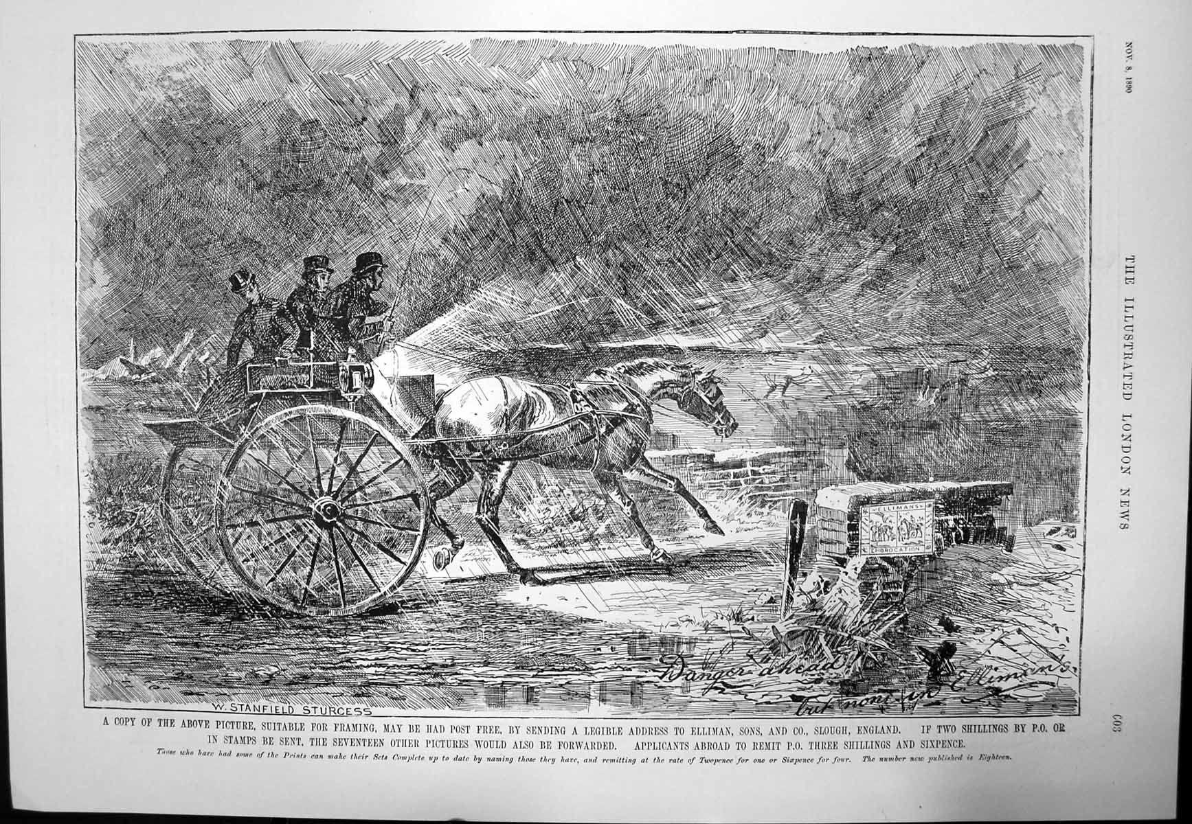 Old Antique Print Ellimans Embrocation Horse Carriage Storm Advert 1890 19th
