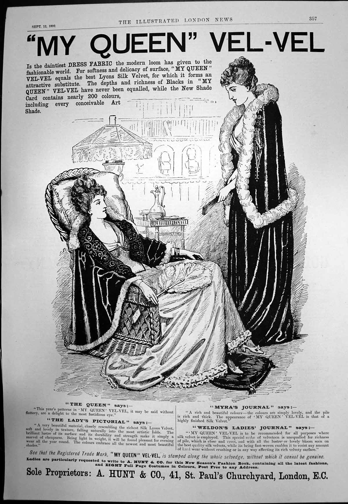 Original Old Antique Print My Queen Vel-Vel Dress Fabric A Hunt & Co 1891 19th