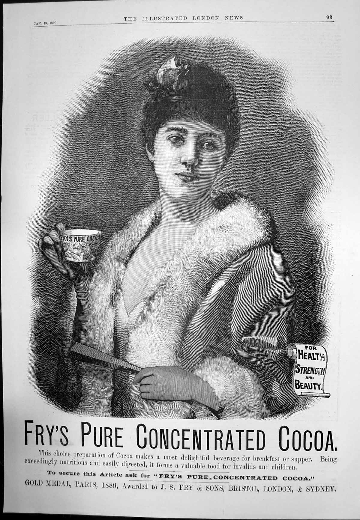 Antique Old Print Frys Pure Concentrated Cocoa Health Strength Beauty 1890 19th