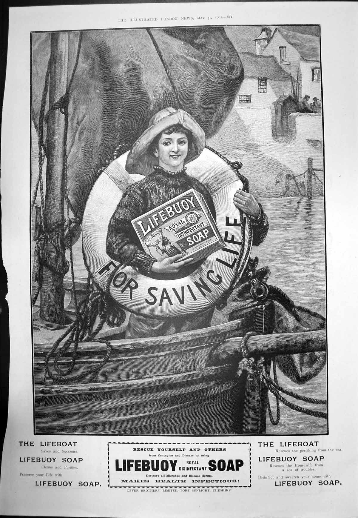 Old Antique Print Lifebuoy Royal Disinfectant Soap For Saving Life 1902 20th