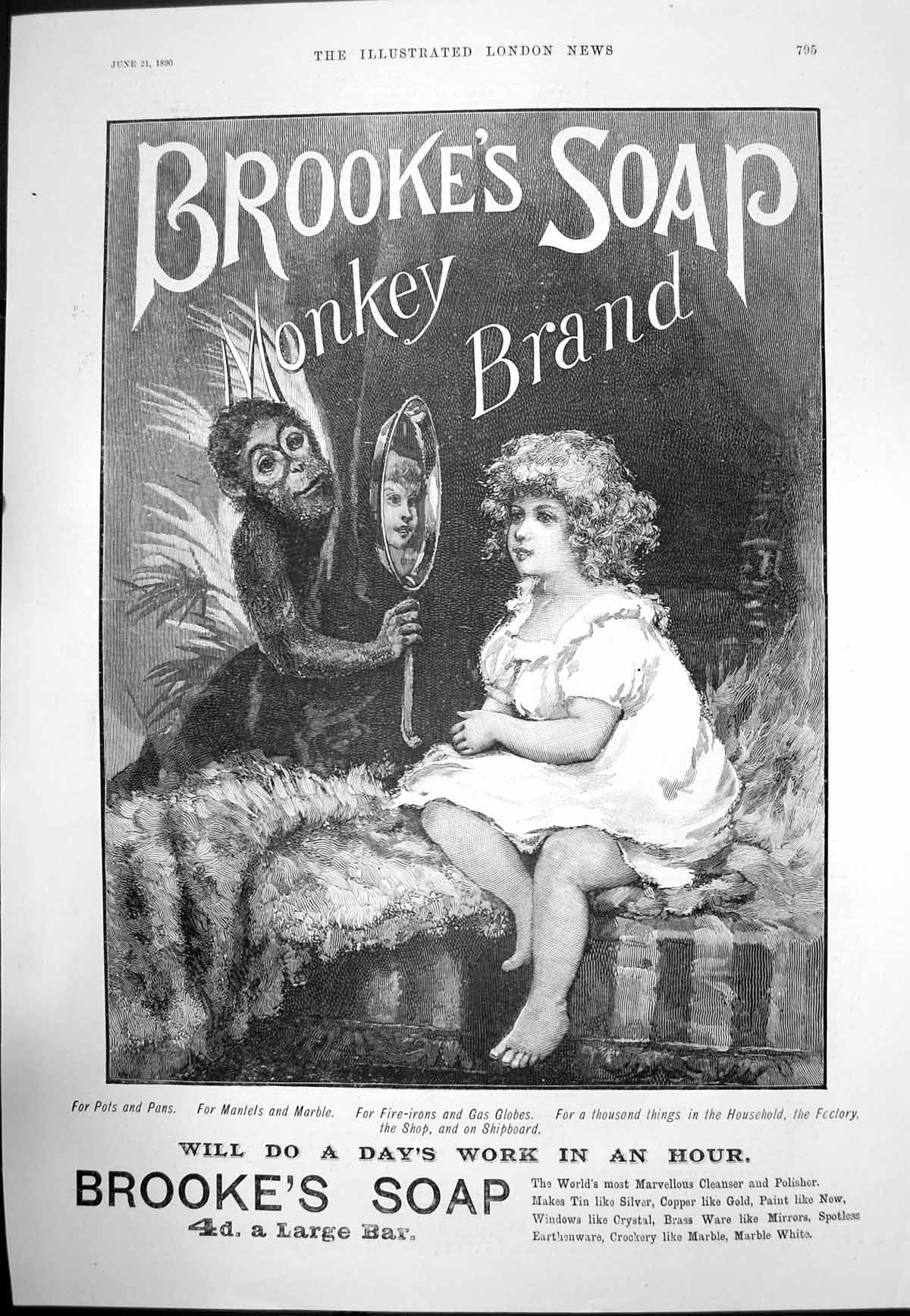 Antique Old Print Brookes Soap Monkey Brand For Pots Pans Mantels Marble 1890