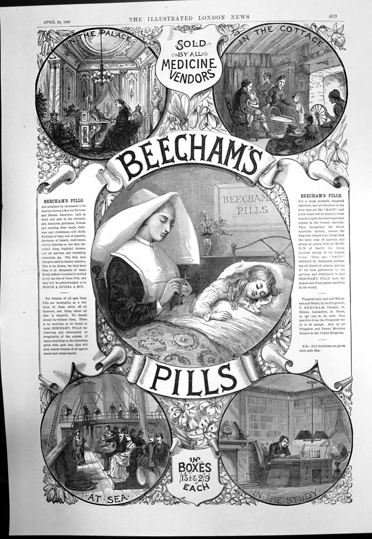 Antique Old Print Beechams Pills Medecine In Palace Cottage Study At Sea 1887